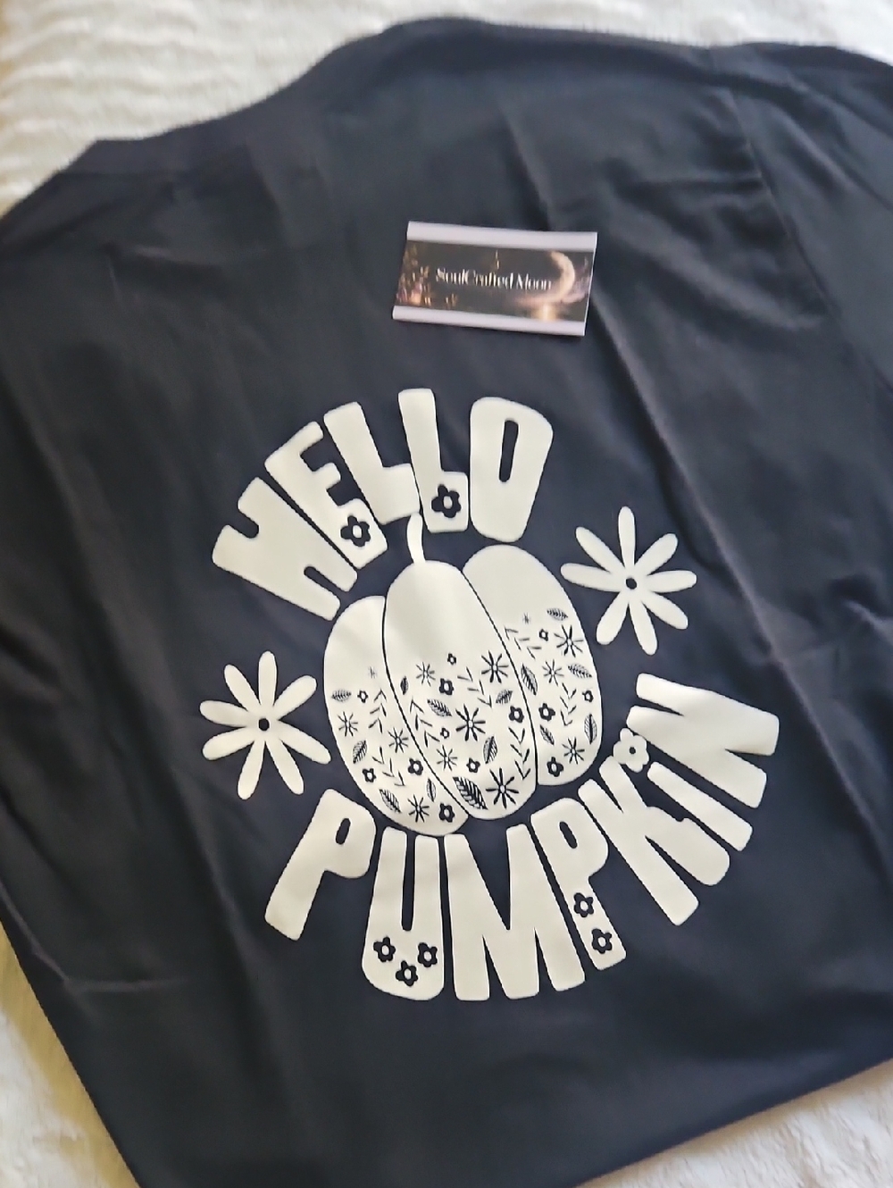 Gildan Black Short Sleeve Tee with White "Hello Pumpkin" Graphic